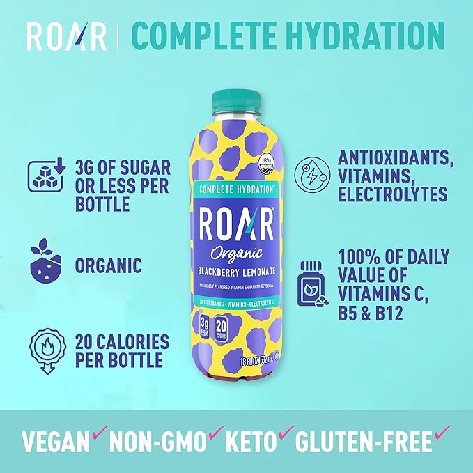 ROAR Complete Hydration Organic - Electrolyte Drinks Loaded with Vitamins C, B5, B12 - Non-GMO