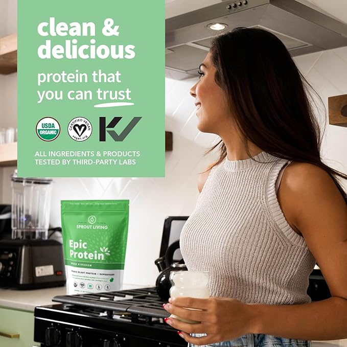 Sprout Living Epic Protein, Plant Based Protein & Superfoods Powder, Green Kingdom | 20 Grams