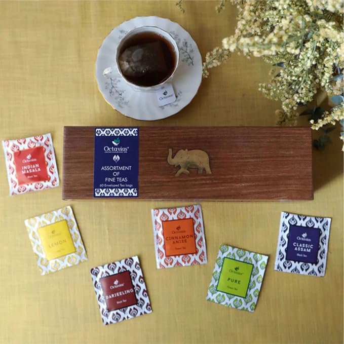 Octavius Gift's Select - Assorted Tea in Wooden Box | 6 Flavors, 60 Tea Bags | Black & Green Tea |