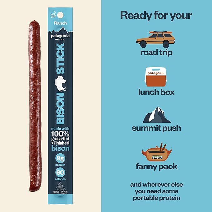 Patagonia Provisions Bison Sticks - Ranch | 100% Grass-Fed, 8g of Protein, 60 Calories | No