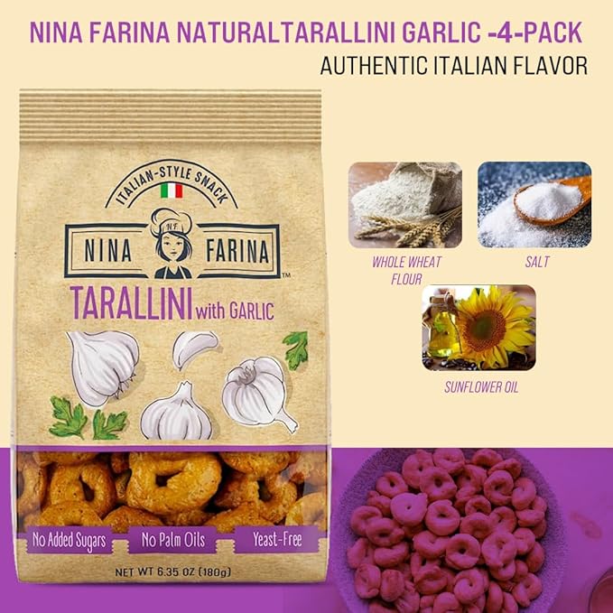 NINA FARINA Tarallini Garlic -Fresh Baked Italian Crackers Free from Added Sugars, Palm Oils and