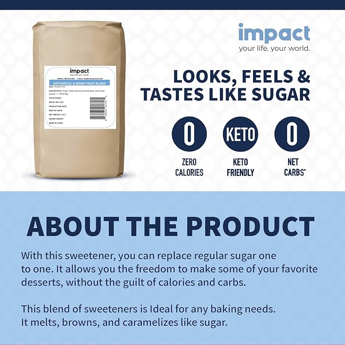 Impact White Monk Fruit & Erythritol Sweetener Blend - Gluten Free, Zero Calories, Net Carbs, Keto