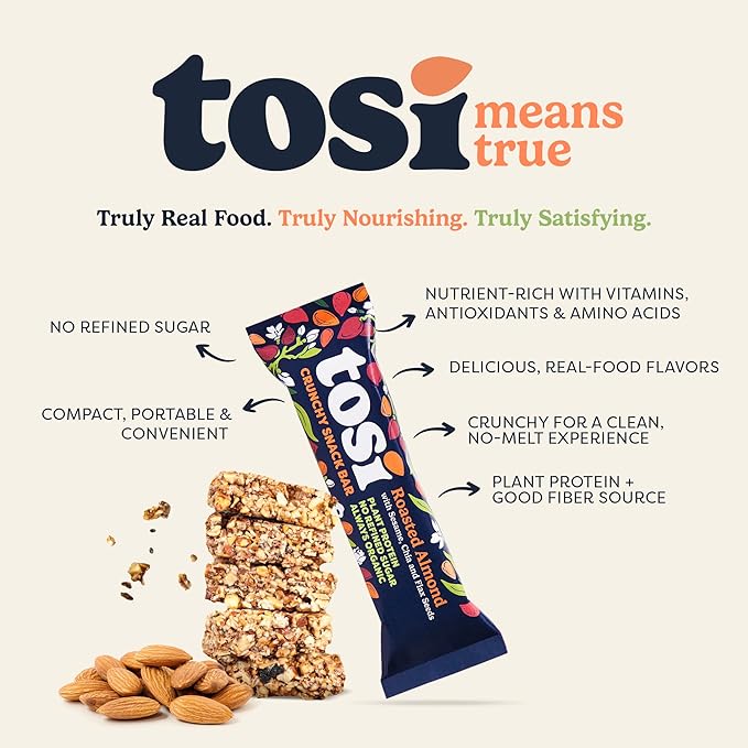 Tosi Almond Protein Bars, Plant Based with Nuts, Gluten-Free Crunchy Snacks, Vegan, Organic, Flax &