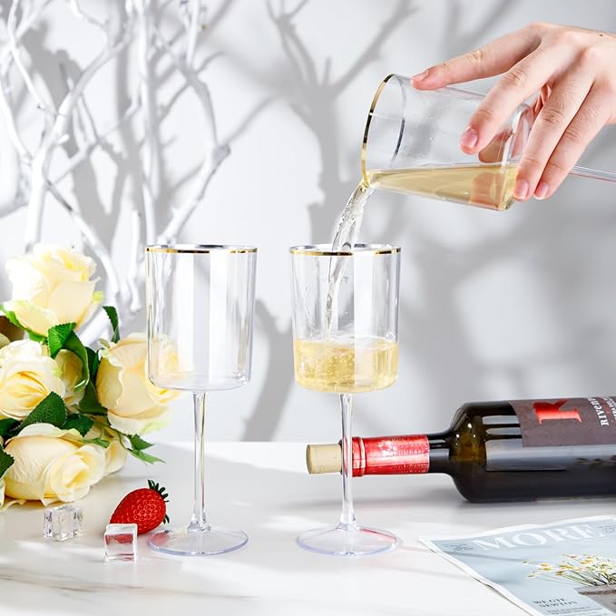 Ciaell 12 Pack Plastic Wine Glasses - 10 Oz Plastic Wine Glasses with Stem - Gold Rim Disposable