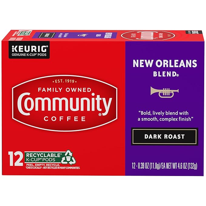 Community Coffee New Orleans Blend 12 Count Coffee Pods, Special Dark Roast, Compatible with Keurig