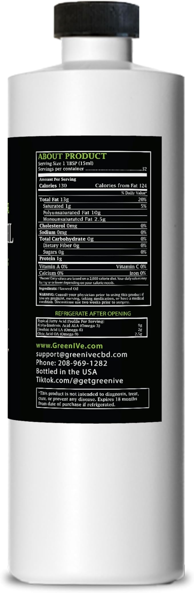 GreenIVe Flax Seed Oil Organically Grown100% Pure Cold Pressed High Vegan Omega Fatty Acids (16 Fl