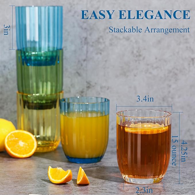 Acrylic Clear Highball Plastic Cups | Plastic Reusable Tumblers 15oz (Set of 8) | Stackable |