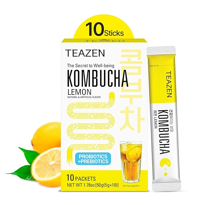 TEAZEN Lemon Kombucha Tea, Hydration Drink Mix, Sugar Free, Live Probiotics & Prebiotics, 10