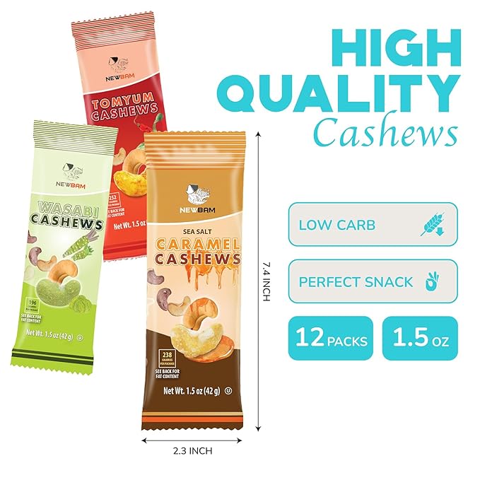 NEWBAM Mix Cashews Variety Packs (Wasabi, Tom Yum, Sea Salt Caramel) - 12 Cashew Snack Packs