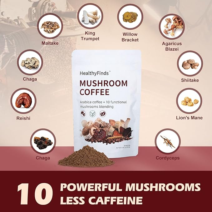 HealthyFinds Organic Mushroom Coffee Instant with 10 Superfood Mushrooms for Better Focus, Energy