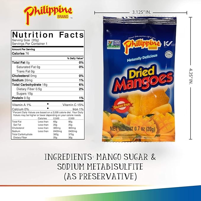 Philippine Brand Dried Mangoes Fruit Snacks (24 Pack)- All Naturally Gluten Free, Vegan