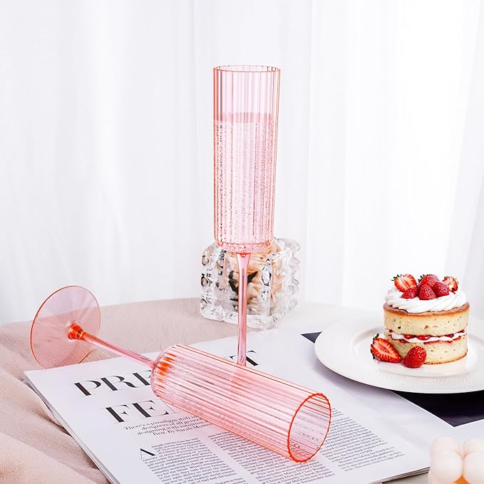 Ciaell 24 Pack Pink Plastic Champagne Flutes - 6oz Ribbed Disposable Champagne Glasses - Pink