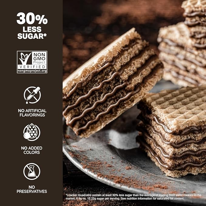 Loacker Quadratini Dark Chocolate Wafer Cookies LARGE - 30% Less Sugar - Premium Crispy Bite Size