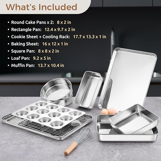 E-far 9-Piece Baking Pan Set, Stainless Steel Bakeware Sets for Sheet Cake Cookie Loaf Muffin