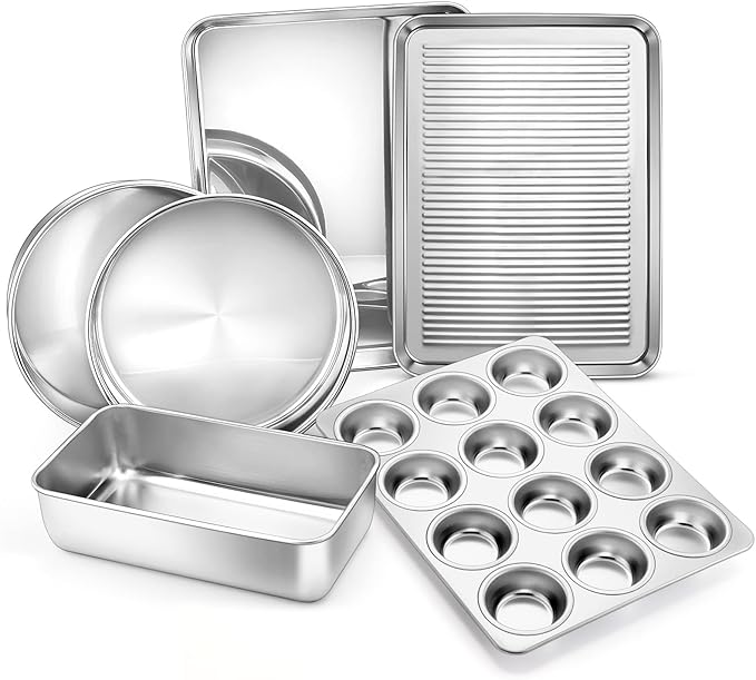 E-far 6-Piece Baking Pans set, Stainless Steel Bakeware Set for Oven, Include 8-Inch Cake