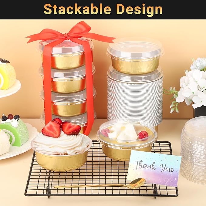 Beasea Disposable Ramekins with Lids, 20 Pack 8.8oz 260ml 4 Inch Aluminum Foil Cups Disposable