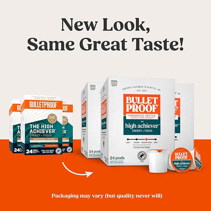 Bulletproof The High Achiever Single-Serve Pods, 72 count, Medium-Dark Roast Enhanced Coffee with