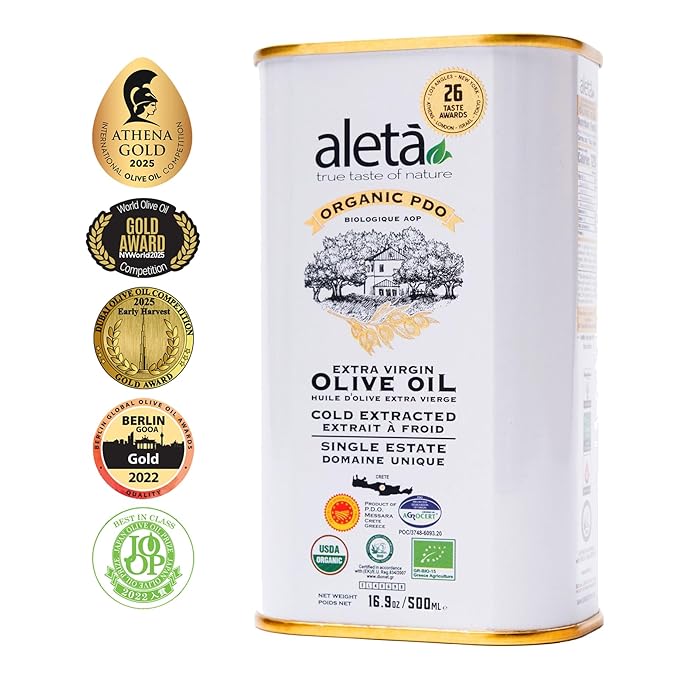 Aleta Farms Olive Oil Extra Virgin, USDA Organic, Single Estate PDO Polyphenol Rich Olive Oil, Cold