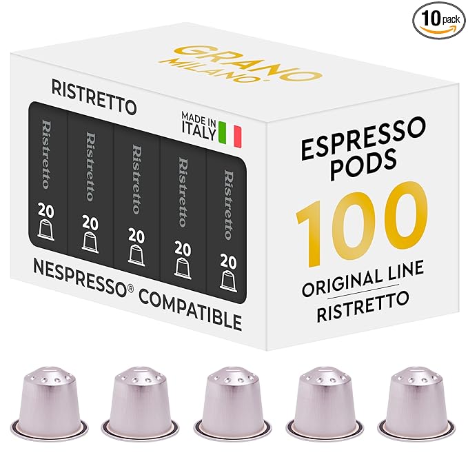 Grano Milano Ristretto Coffee Capsules - 100 Aluminum Coffee Pods Compatible with Nespresso