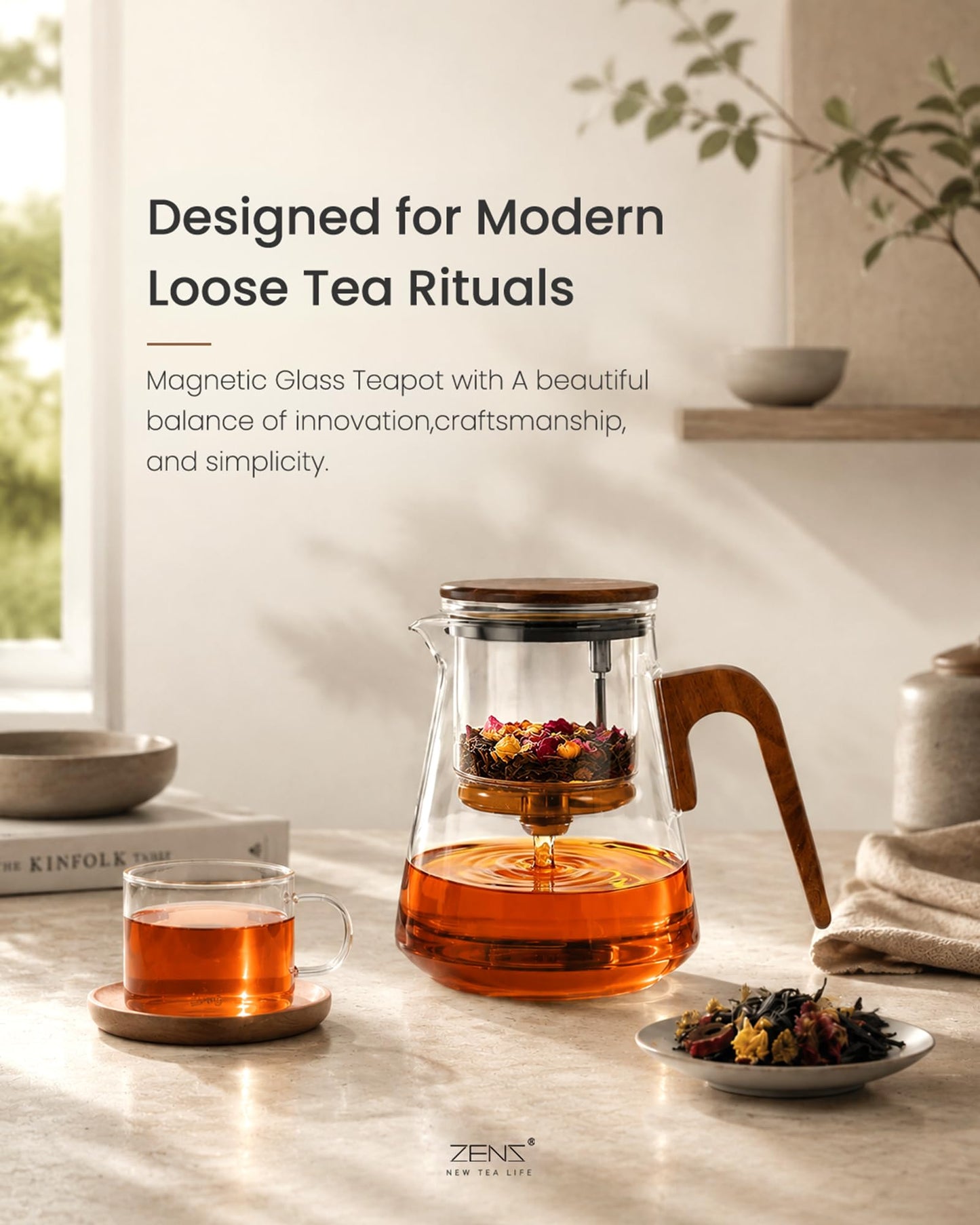 ZENS Magnetic Glass Infuser Teapot for Loose Tea, 27oz Walnut Wood Handle