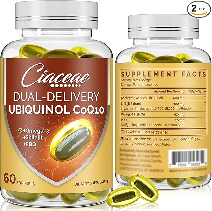 Ubiquinol CoQ10 600 MG Softgels with Omega-3 & Shilajit & PQQ, Advanced Dual-Delivery Coenzyme-Q10