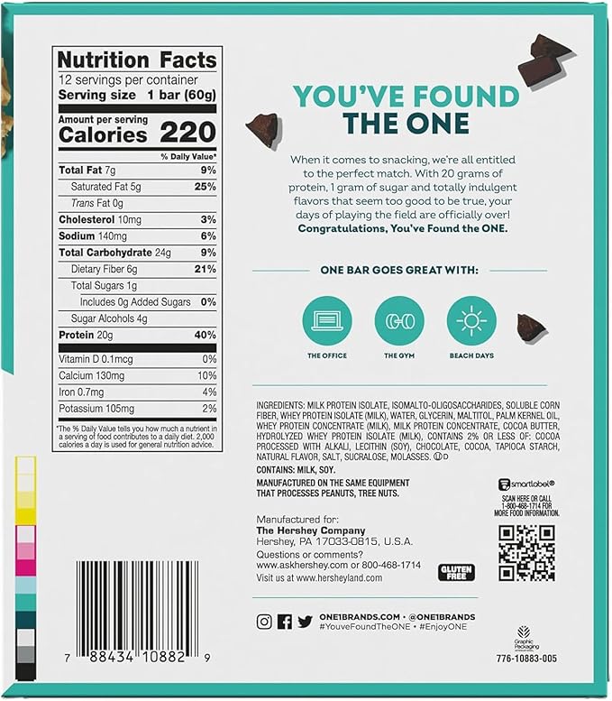ONE Protein Bars, Chocolate Chip Cookie Dough, Gluten Free with 20g Protein and 1g Sugar, Pantry