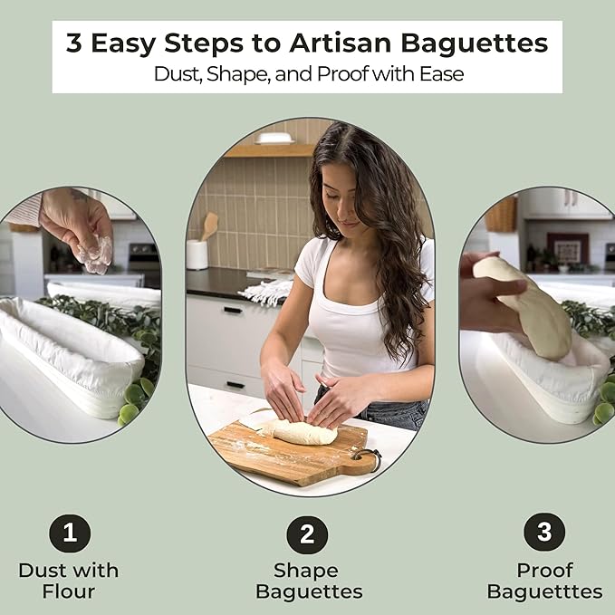 15 Inch Baguette Proofing Basket Set of 2 with Cotton Liners & Baguette Recipe eBook- Handcrafted