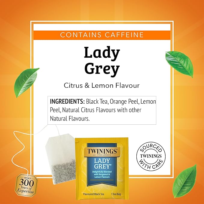 Twinings Lady Grey Black Tea Individually Wrapped Bags, 20 Count (Pack of 6), Orange & Lemon Peel