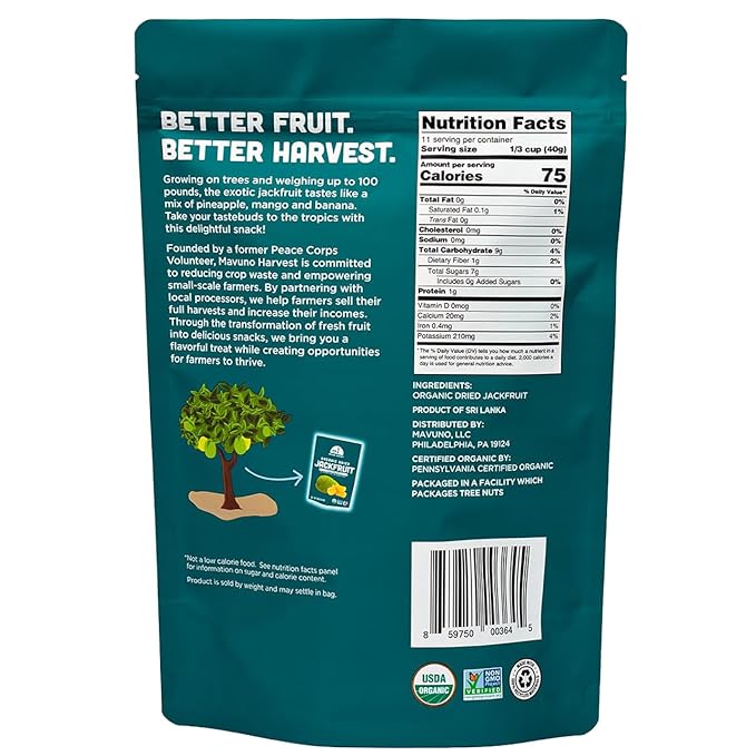 Mavuno Harvest Jackfruit Dried Fruit Snacks | Unsweetened Organic Dried Jackfruit Chips | Gluten