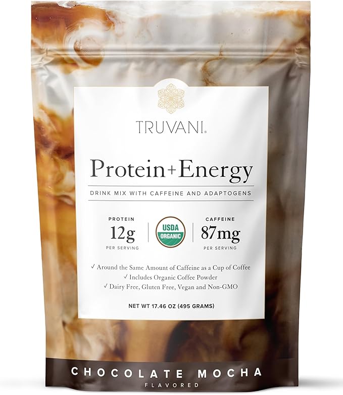 Truvani Protein + Energy Drink Mix with 87mg Caffeine | Chocolate Mocha | 12g Organic Plant Based