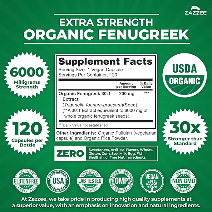 Zazzee USDA Organic Fenugreek 30:1 Extract, 6000 mg Strength, 120 Vegan Capsules, 4 Month Supply