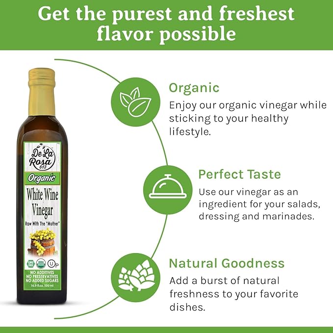 De La Rosa White Wine Vinegar, Raw with the “Mother”, Kosher for Passover, Vegan, Non-GMO & Gluten