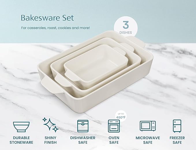 Kook Casserole Dishes for Oven, Ceramic Bakeware Set, Rectangular Baking Dishes, For Casseroles