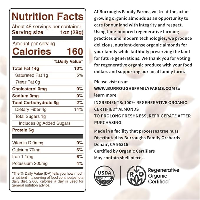 Burroughs Family Farms 3 lb USDA Organic Raw Almonds – First Regenerative Organic Certified Farm