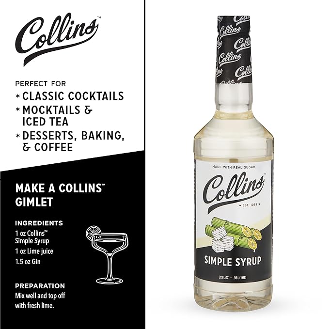Collins Simple Syrup, Classic Simple Syrup, Real Sugar Cocktail Syrups, Soda Water Flavors