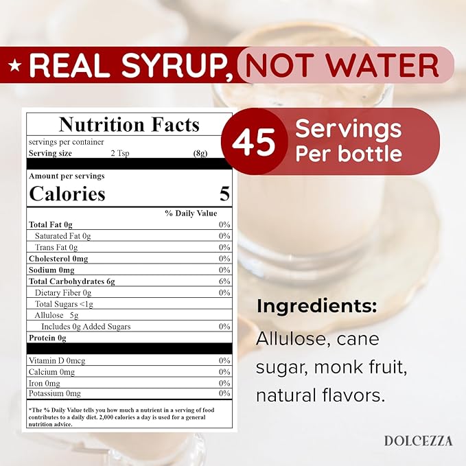 Dolcezza Allulose Simple Syrup, All Natural Low Sugar Sweetener for Coffee, Baking, and Drinks.