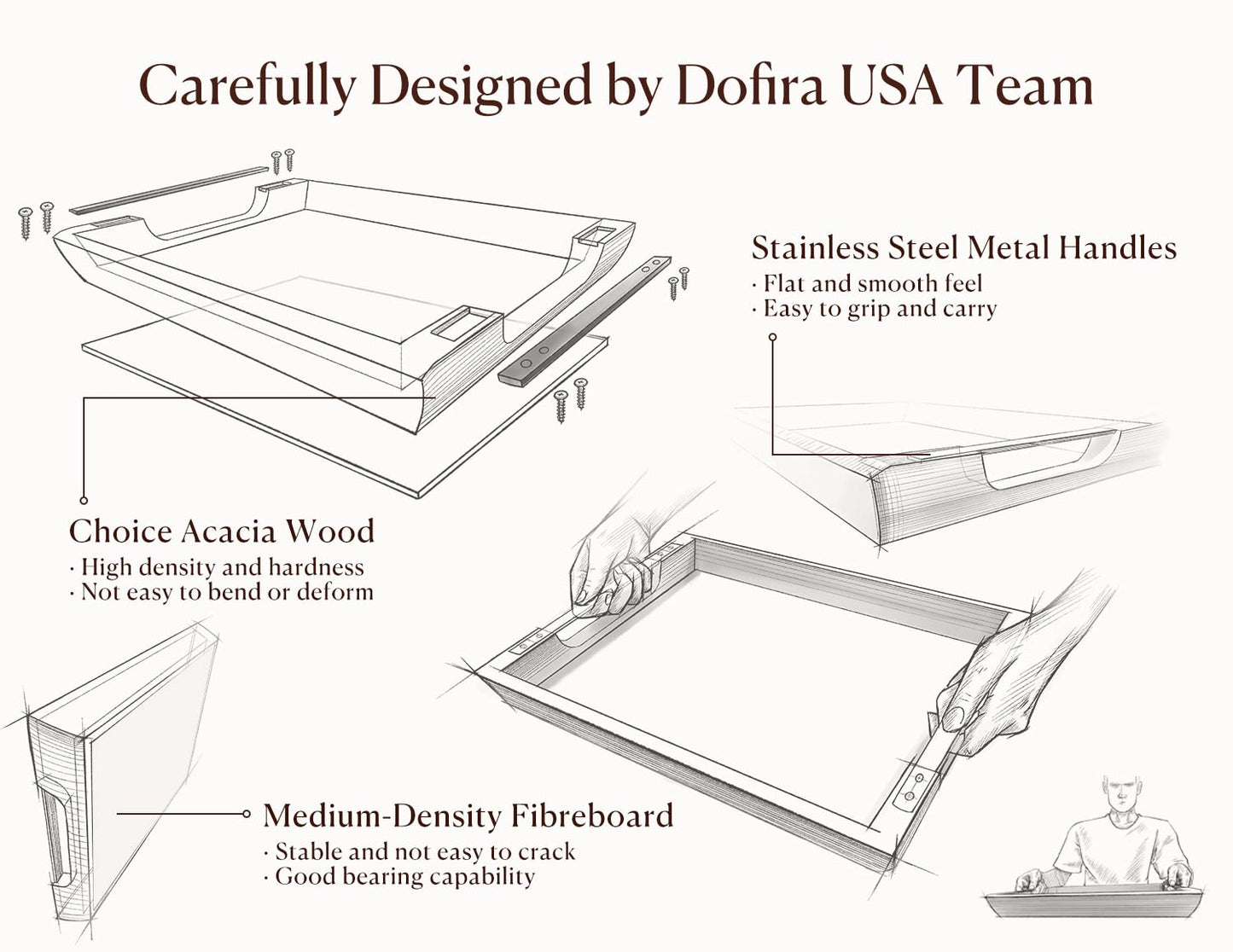 DOFIRA Acacia Wood Serving Tray with Metal Handle, 17x13in Tray for Ottoman