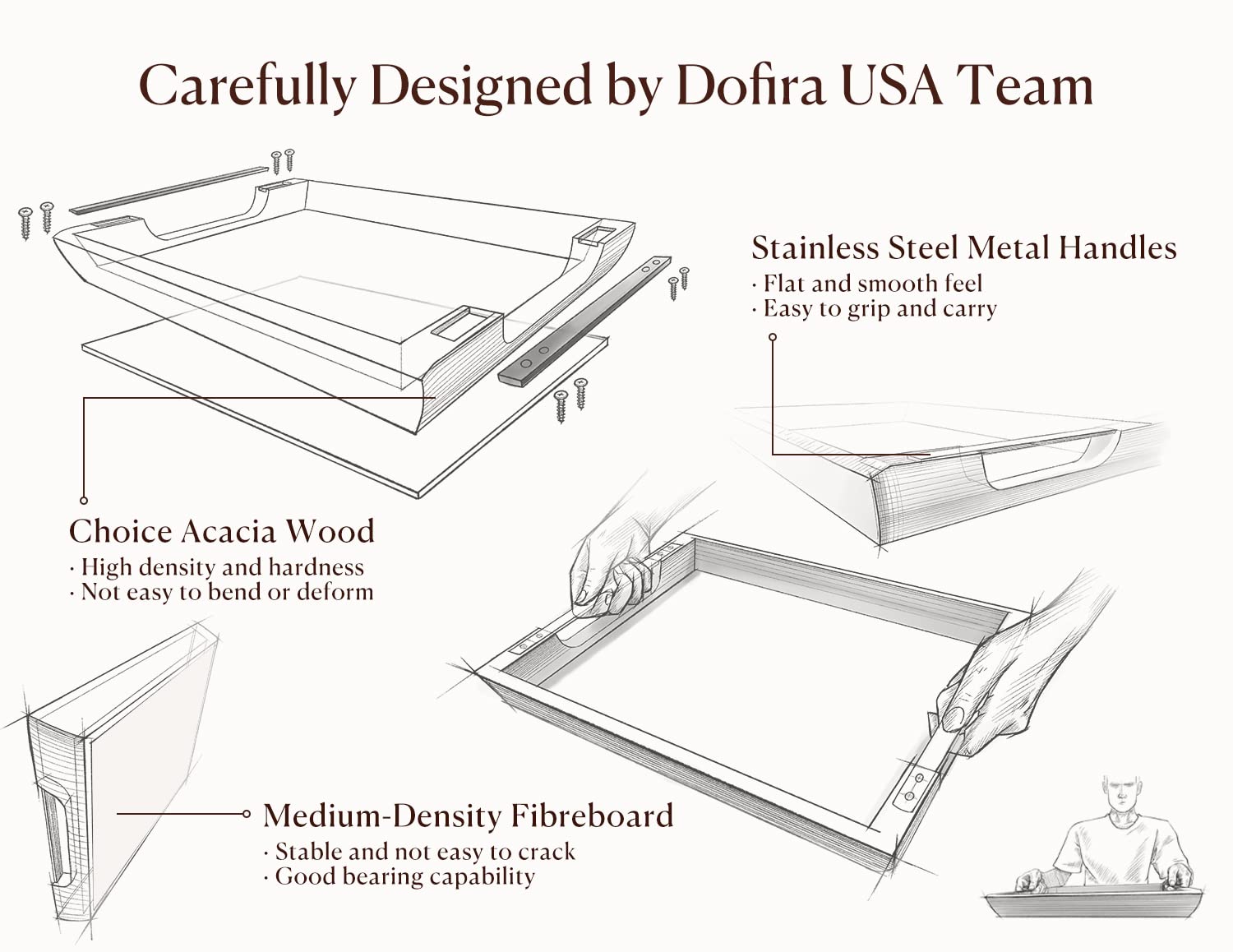 DOFIRA Acacia Wood Serving Tray with Metal Handle, 17x13in Tray for Ottoman