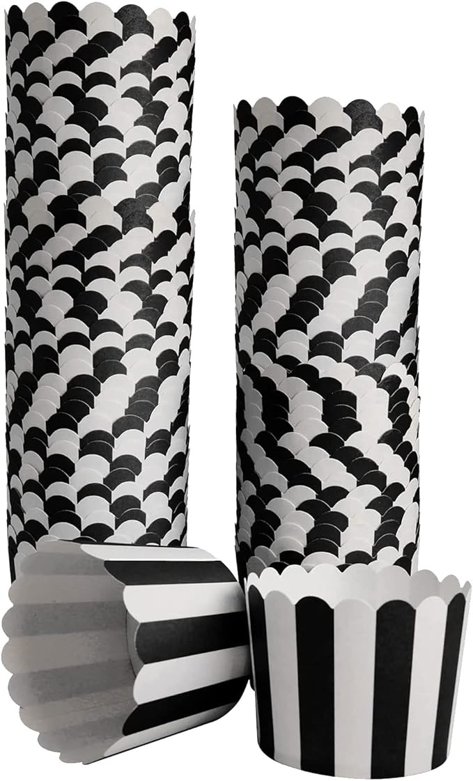 100 Pack Muffin Liners Baking Paper Cups Black and White Stripes Cupcake Liners Elegent Muffins