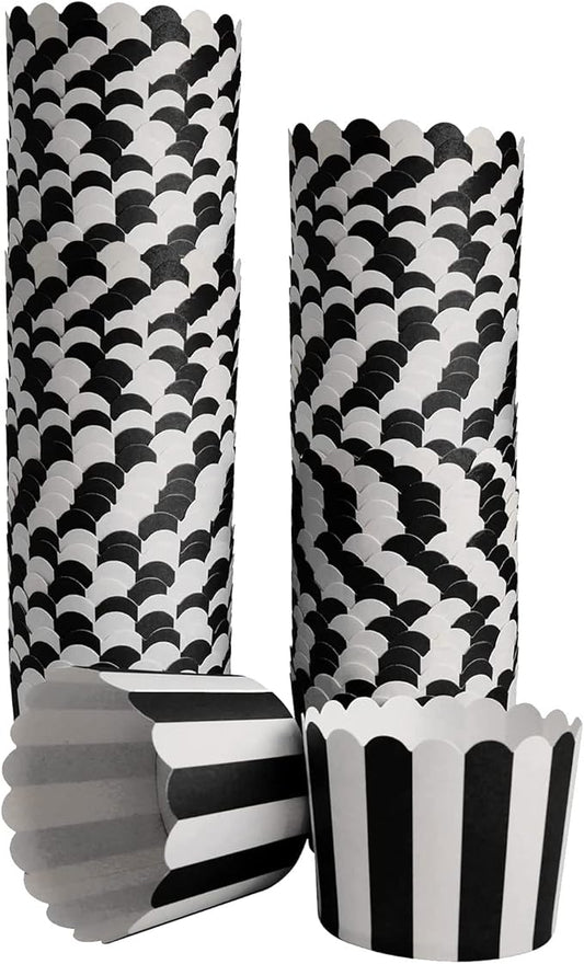 100 Pack Muffin Liners Baking Paper Cups Black and White Stripes Cupcake Liners Elegent Muffins