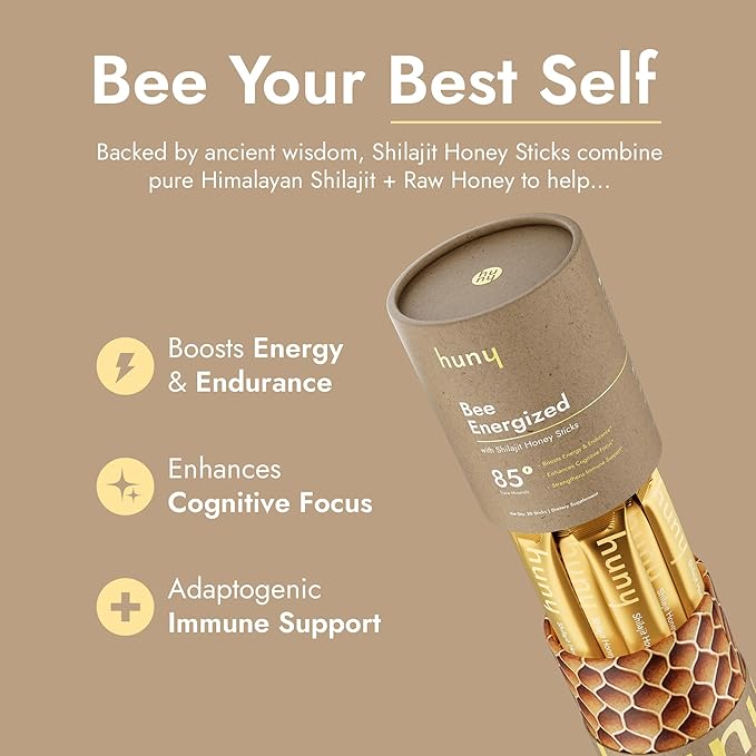 HUNY Bee Energized with Shilajit Honey Sticks | 85+ Trace Minerals for Clean Energy, Focus & Immune