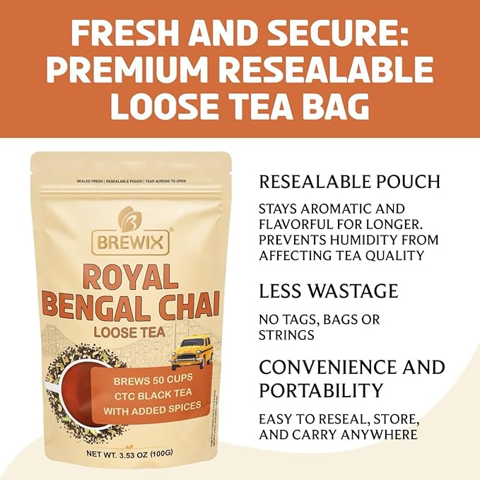 BREWIX, Royal Bengal Masala Chai Tea with Ginger and Cardamom | Loose Leaf CTC TEA (50+ Cups