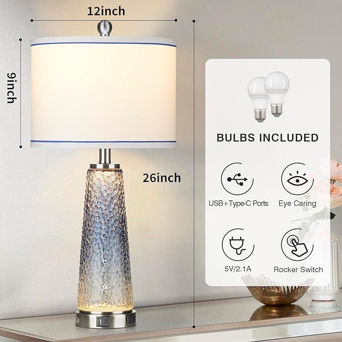 Coastal Glass Table Lamps for Living Room, 26" Table Lamps with USB A+C Ports & AC Outlet, Touch