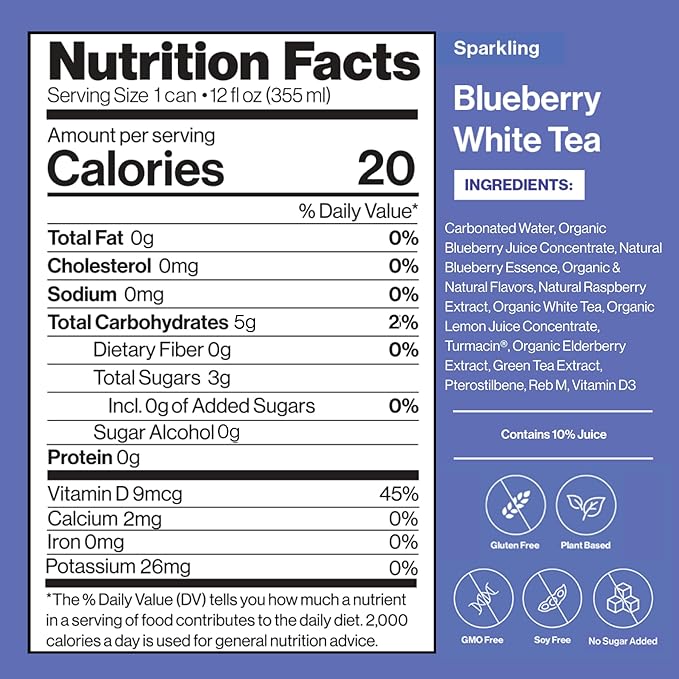 Happy Being Sparkling Nutrient-Rich Blueberry White Tea – Infused with Turmeric, Elderberry