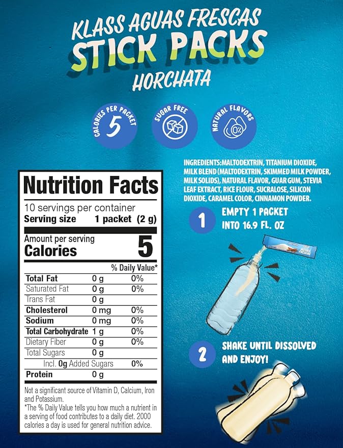 Klass Aguas Frescas | Drink Mix Packets | Horchata Flavored | Sugar Free On-The-Go Packets, Low