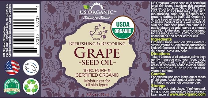 US Organic Grape Seed Oil, USDA Certified Organic, 100% Pure & Natural, Cold Pressed Virgin