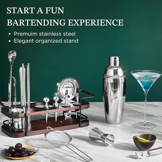 KITESSENSU Cocktail Shaker Set Bartender Kit with Stand | Complete 24-Piece Bar Set Cocktail Kit