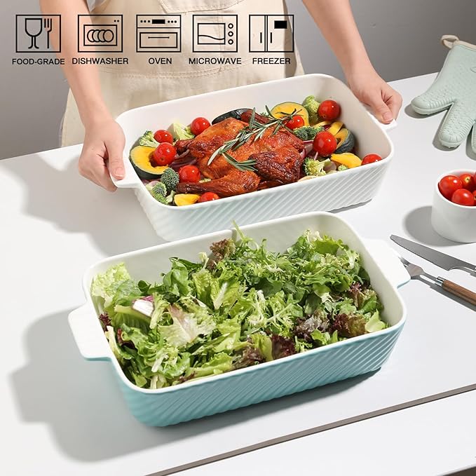 Sweejar Ceramic 13 x 9 Baking Pan, Cake Baking Dish for Brownie, Porcelain Striped Casserole Dishes