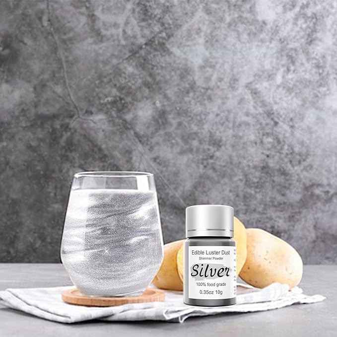 Silver Luster Dust Edible Glitter for Cakes Cocktails ??10g Colaele Edible Shimmering Dust for