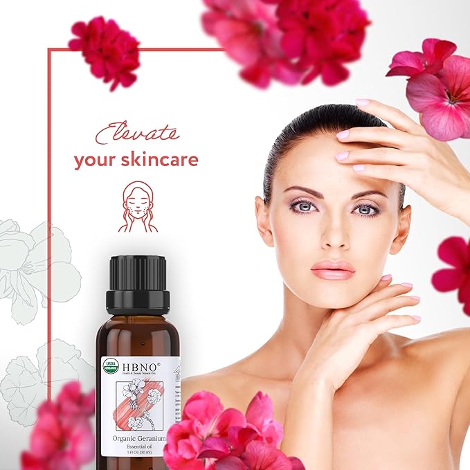 HBNO Organic Geranium Essential Oil - 1 oz (30ml) - USDA Certified Organic Geranium Essential Oil